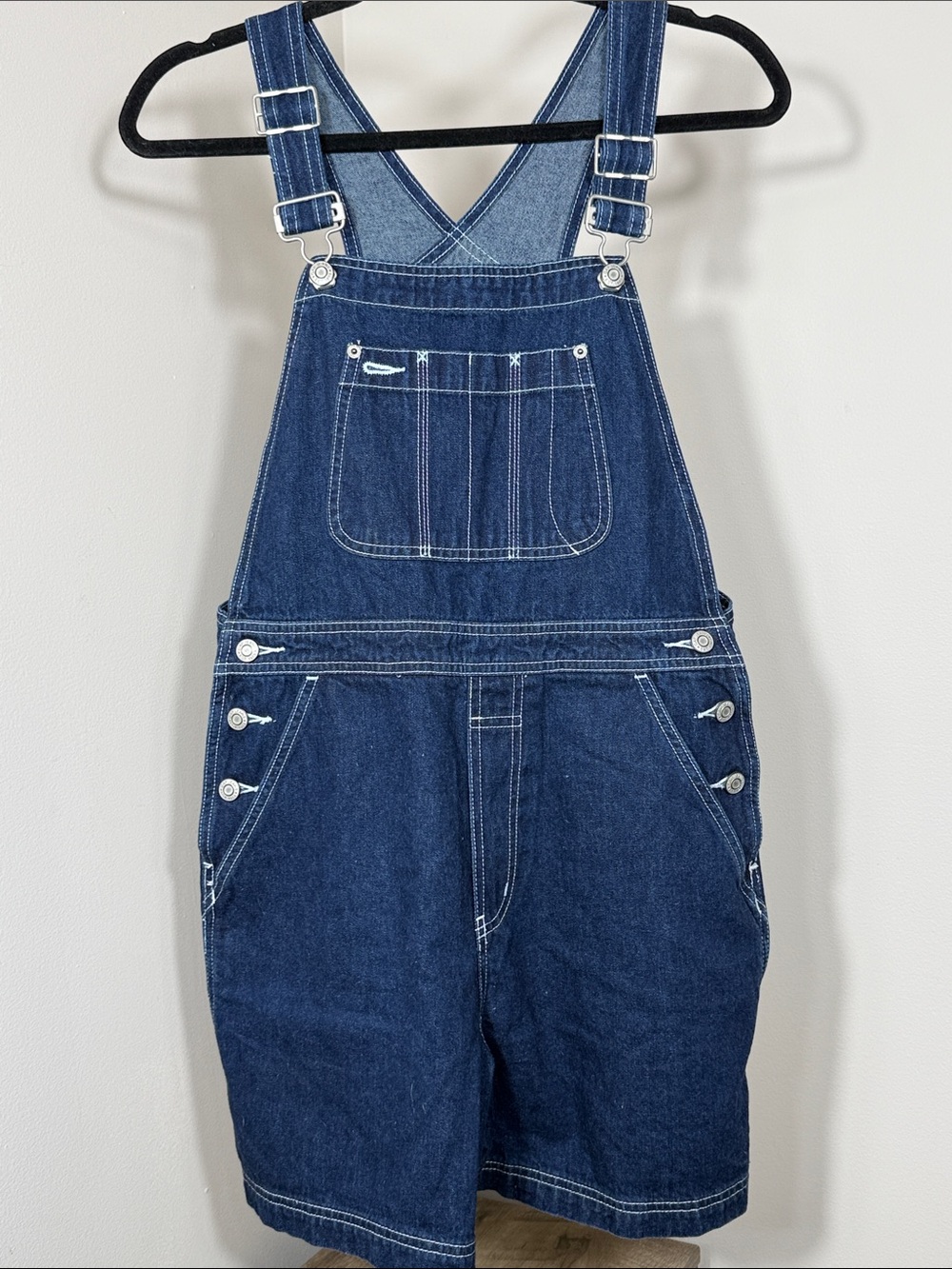 GAP Factory Dark Blue Denim Short Overalls with White Stitching